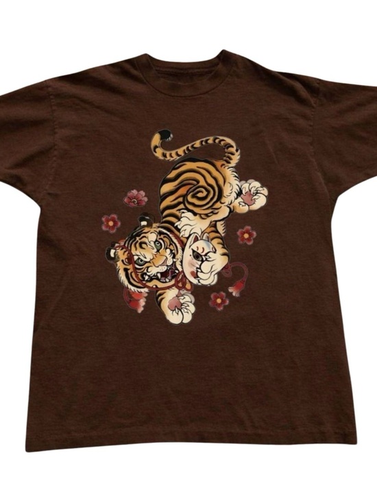 Gildan Tops - Brown Tiger Graphic Tee, tiger and flower shirt